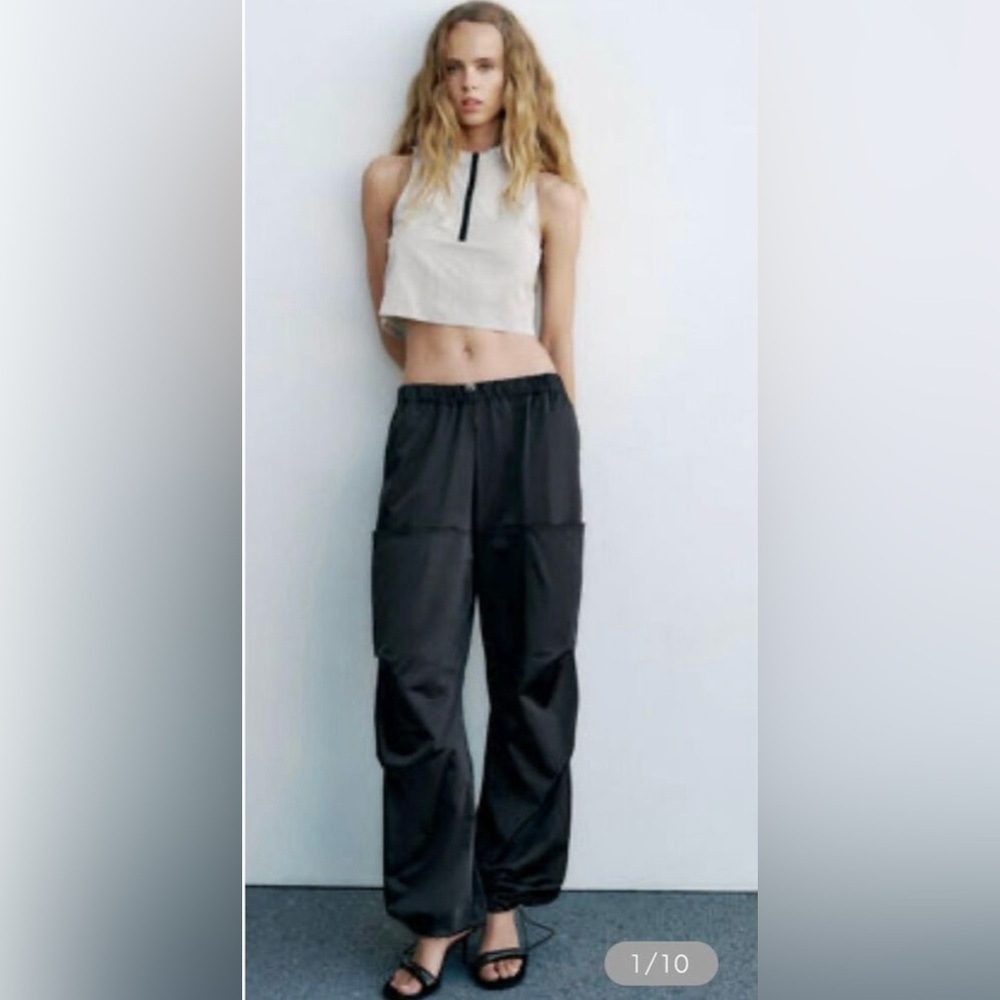 Zara Satin Effect Parachute Cargo Pants Black Size X-small NWT Oversized